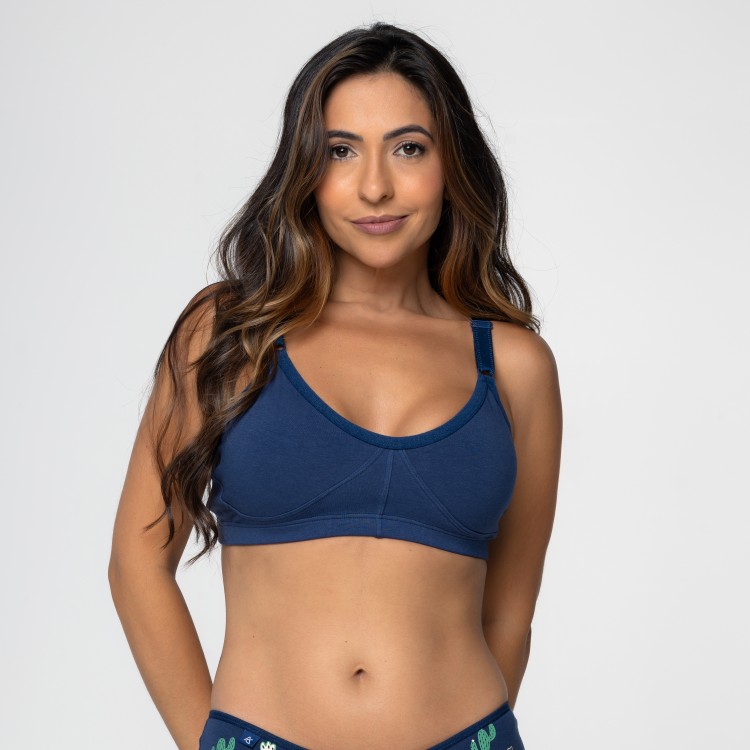 Sutiã em Algodão Egípcio Marinho sem Bojo com Alça Reforçada Sustentação