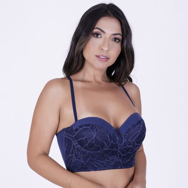 Sutiã Cropped tomara que caia com alca removível em renda marinho