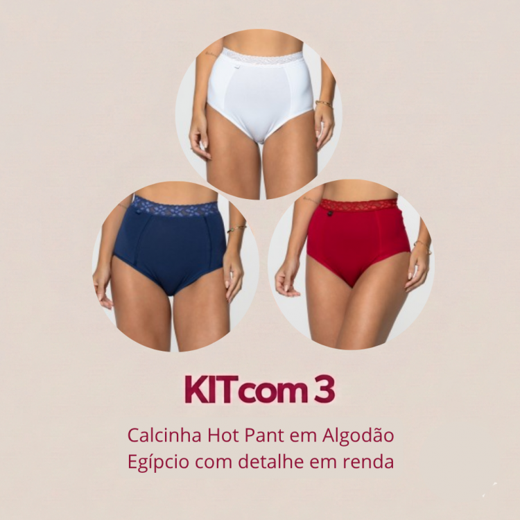 Kit com 3 Calcinhas Hot Pant Em Algodão Egípcio Cores Variadas