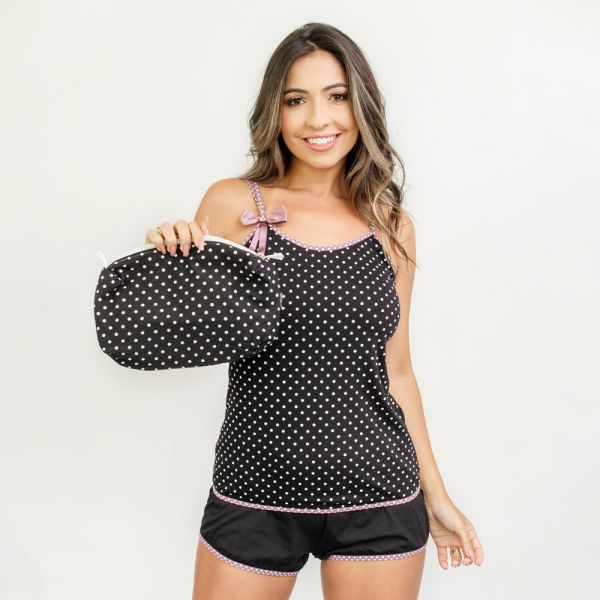 Baby Doll Silk Bolinha e Lacinho Preto