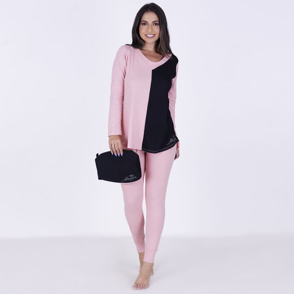 Pijama Algodão Bicolor com Legging rosa bebê c/ preto