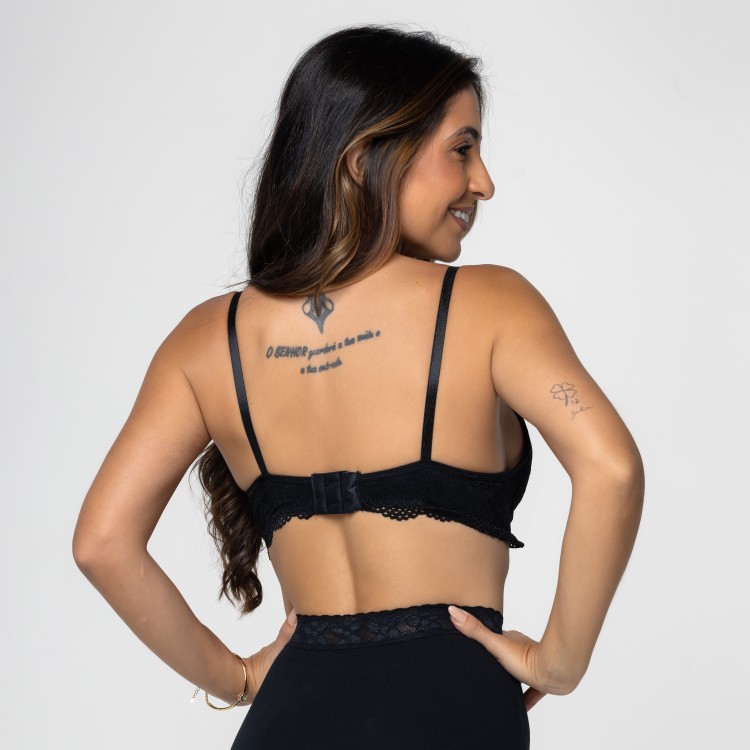 Sutiã com Bojo Flexível, Sem Aro de Algodão Egípcio em renda Preto